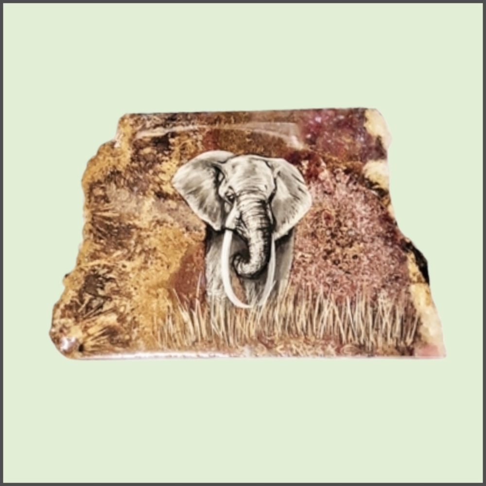 Hand Painted Elephant Art on Polished Stone Slab | Nature Decor